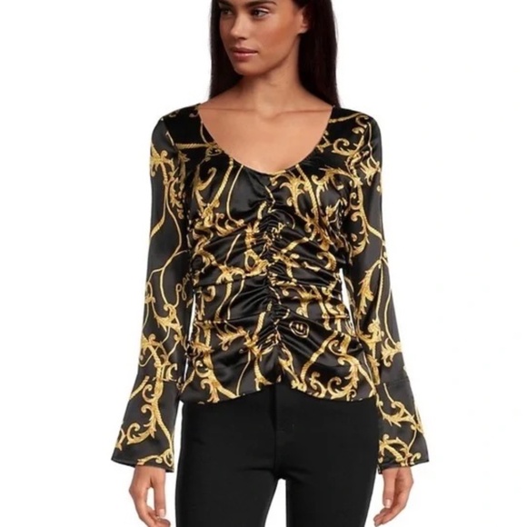 NWT Ganni Silk Stretch Blouse U-neck Gathered Fitted Black & Gold Baroque - Picture 1 of 16